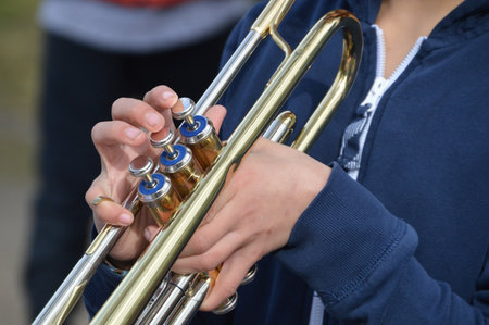 Boy Playing Trumpetの写真素材