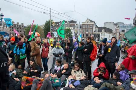 Group Protesters At The Climate Demonstration From The Extinction Rebellion Group At Amsterdam The...