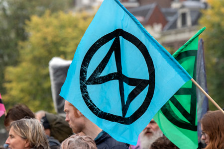 Logo On A Flag At The Blauwebrug At The Climate Demonstration From The Extinction Rebellion Group At...