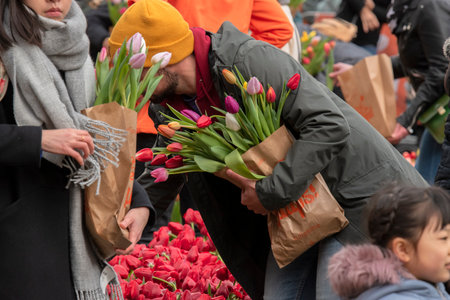 Bag With Tulips At The National Tulip Day At Amsterdam The Netherlands 2020のeditorial素材