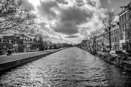 Transvaalkade Canal At Amsterdam The Netherlands 2019 In Black And Whiteのeditorial素材