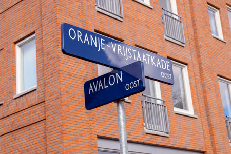 Street Sign Oranje-Vrijstaatkade And The Avalon At Amsterdam The Netherlands 2019のeditorial素材