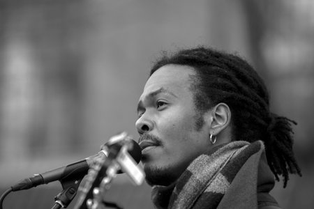 Close up Jeangu Macrooy At The Dokwerker At The February Strike Memorial At Amsterdam The Netherlands 2020 In Black And Whiteのeditorial素材