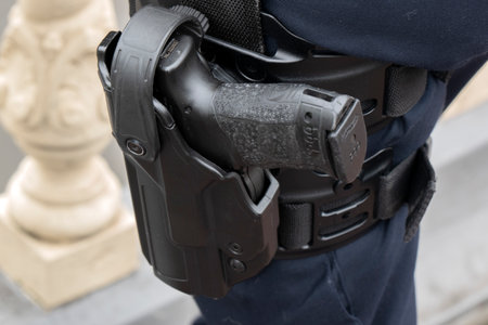 Close Up P99 Walther Police Gun At Amsterdam The Netherlands 2019 On The Legのeditorial素材