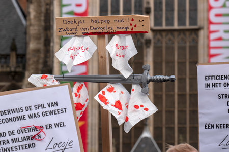Close Up Billboard At The Education Demonstration On The Dam Square Amsterdam The Netherlands 2019のeditorial素材