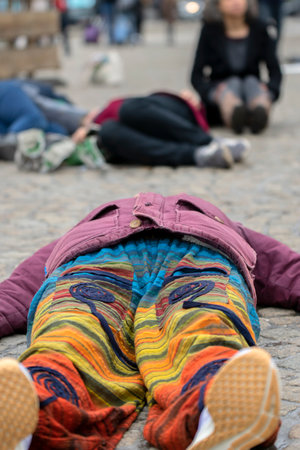 Group Of Protesters Playing Dead At The Rebellion Extinction Demonstration On The Dam At 6-1-2020...