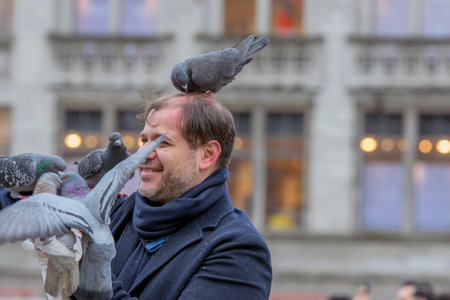 Feeding Pigeons At The Dam Square At Amsterdam The Netherlands 2019Feeding Pigeons At The Dam Square At Amsterdam The Netherlands 2019のeditorial素材
