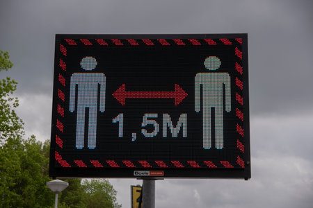 Monitor Along The River Amstel Keep 1.5 Meter Distance At Amsterdam The Netherlands 2020のeditorial素材