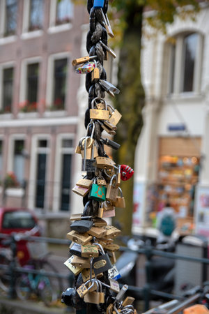 Love Locks On The Staalmeestersbrug Bridge Amsterdam The Netherlands 2019のeditorial素材