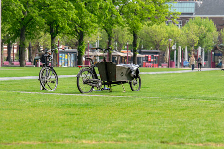 Close Up Of A Cargo Bike At The Museumplein Square Amsterdam The Netherlands 2-5-2020のeditorial素材