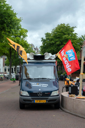 Advertsing Van At The Demonstration For A 14 Euro Wages At Amsterdam The Netherlands 1-7-2020 (のeditorial素材
