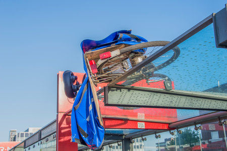 Vandalism Bicycle Placed On A Bus Stop House At Haarlem The Netherlands 2018のeditorial素材