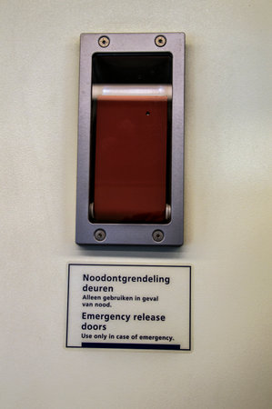 Emergency Release Door Inside A NS Train At Hoofddorp Amsterdam The Netherlands 2018のeditorial素材