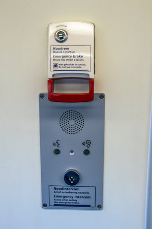 Emergency Brake Inside A NS Train At Hoofddorp Amsterdam The Netherlands 2018のeditorial素材