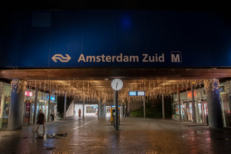 Amsterdam South Subway And Train Station At Amsterdam The Netherlands In The Dark 11-12-2019のeditorial素材
