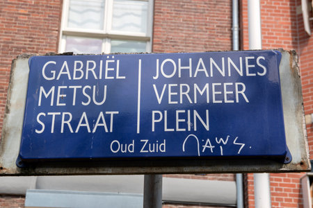 Street Sign Gabriel Metsustraat And Johannes Vermeerplein Square At Amsterdam The Netherlands 8-10-2020のeditorial素材