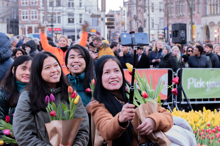 Taking Selphies On Tulips Day At Amsterdam The Netherlands 18-1-2020のeditorial素材