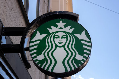 Starbucks Logo Billboard At Amsterdam The Netherlands 4-3-2020のeditorial素材