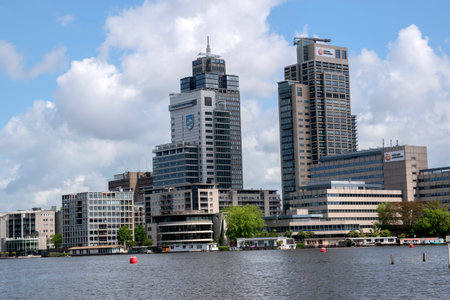 Business Skyline From Park Somerlust At The Amstelriver Amsterdam The Netherlands 25-5-2020のeditorial素材