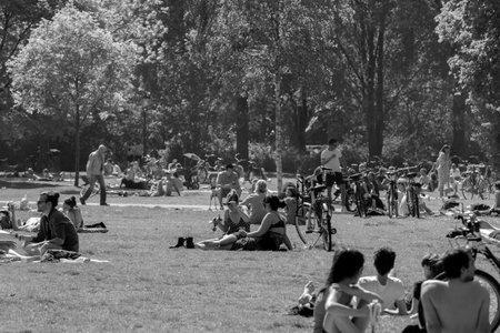 Crowded Oosterpark Park At Amsterdam The Netherlands In Black And White 9-5-2020Crowded Oosterpark Park At Amsterdam The Netherlands In Black And White 9-5-2020のeditorial素材
