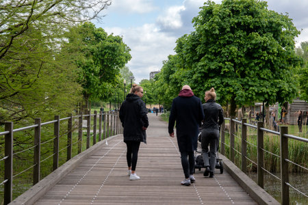 People Walking On A Wooden Bridge At The Frankendaelpark At Amsterdam The Netherlands 2-5-2020のeditorial素材
