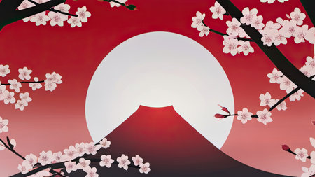 A Red Scene Of Cherry Blossoms With Mount Fuji In The Background At 7-9-2025の素材