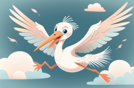 A Cartoon Of Stork Flying In The Skyの素材