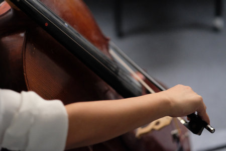 Close up female musician's hand taking a bow, playing brown cello.
