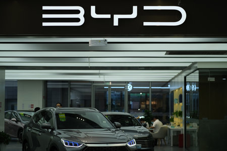Shanghai,China-August 14th 2022: BYD EV retail store. BYD (Build Your Dreams) is a Chinese electric...