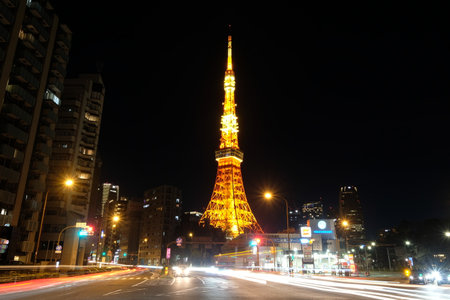 Tokyo,Japan-Dec.2019:  Tokyo tower at night with light trail. Wide angle and long exposureのeditorial素材