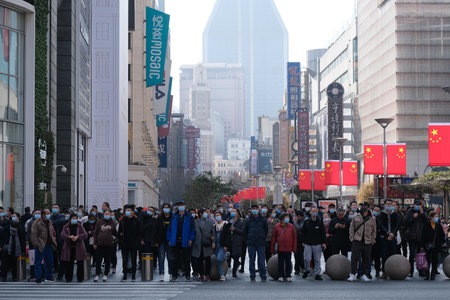 Shanghai.China-Feb.2021: crowded tourists in face mask to prevent coronavirus, standing at Nanjing...