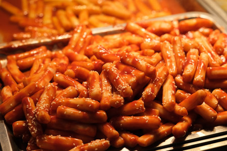 close up Korean fried Topokki (rice cake). Traditional Korean snackの写真素材