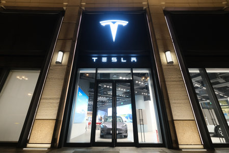 Shanghai,China-Sep.2020: facade of Tesla motors car store at night
