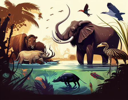 Elephant and various kinds of animals wildlife in natural habitat. created with Generative AIの素材