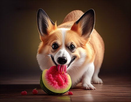 cute corgi dog eat fruit, looking at camera, created with Generative AIの素材