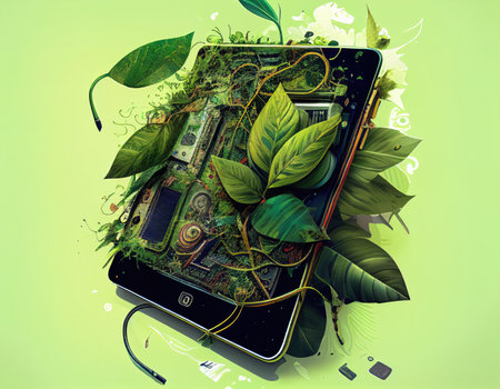 green leaves on electronic circuit board. eco friendly concept.Illustration created with Generative AIの素材