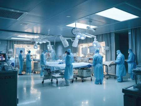 Group of surgeons in operating room with surgery equipment. created with Generative AIの素材