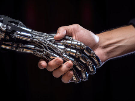 Close up handshake of a robot and human on black background. created with Generative AIの素材