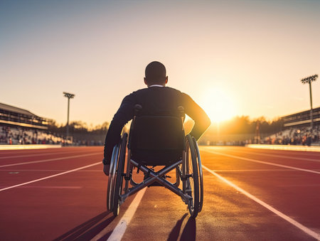Back view of disabled man in wheelchair on stadium track at sunset. created with Generative AIの素材