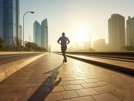 one person jog on the road in city at morning. created with Generative AIの素材