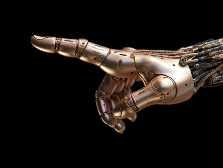 Robot hand isolated on black background. close up humanoid robot hand. created with Generative AIの素材