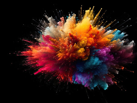 Colorful explosion of colored powder on a black background. created with Generative AIの素材