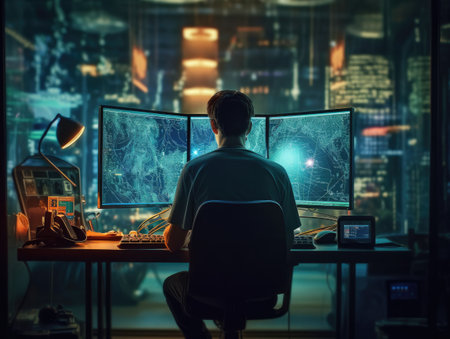 Back view of one programmer sitting at desk and working on computer monitors in modern night office. created with Generative AIの素材