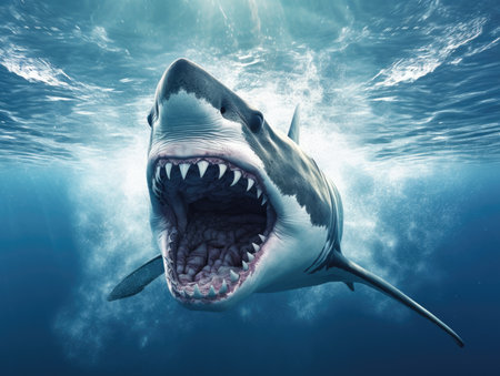 Great White Shark open wide mouth in the blue sea. created with Generative AIの素材