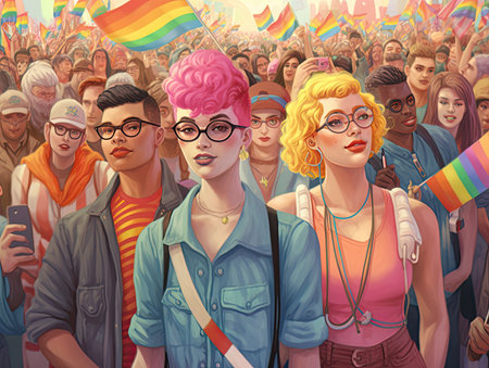 Group of people with flags and banners at a pride march - illustrationの素材