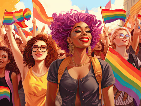 Vector illustration of a group of young people with a rainbow flag in their hands.の素材