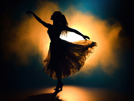 Silhouette of a young woman in a long dress dancing on stage. created with Generative AIの素材