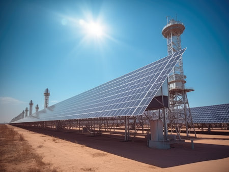 solar energy panels in solar power station with blue sky and sunの素材