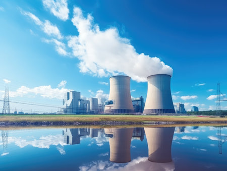 Nuclear power station with blue sky and reflectionの素材