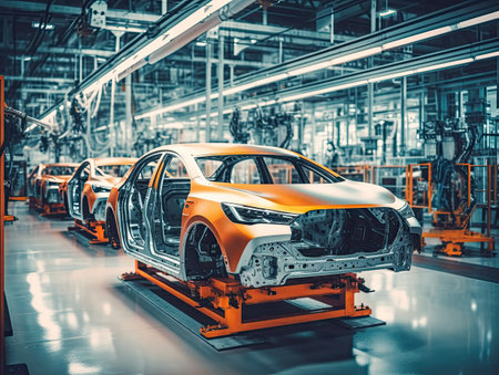 Automotive assembly line. Modern car factory. Automotive industry.created with Generative AIの素材